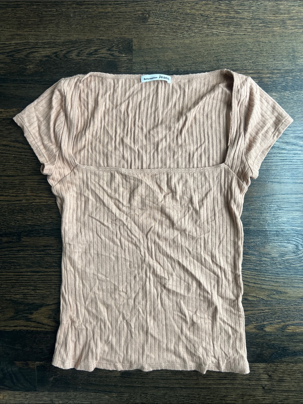 Reformation Women’s Bardot Short-Sleeve Ribbed Square-Neck Top Golden Tan | S